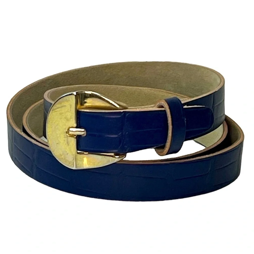 Vintage Faux Leather Blue Thin Belt Faux Alligator Print Classic Chic Retro